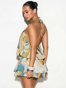 KIZN Halter Neck Abstract Print Mini Dress With Ruffled Hem For Summer Party - Brown - View 2