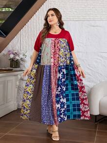Lacomfia Women's Spring/Summer Casual Boho Vacation Loose Ditsy Floral Short Sleeve Plus Size Dress Red Wedding Guest - Multicolor - View 6