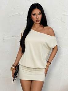SHEIN PETITE Cutout One Shoulder Short Sleeve Mini Dress, Loose Top & Tight Bottom, Suitable For Young Ladies ,Petite Women - Apricot - View 4