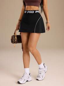 SHEIN Sports 女款運動裙褲，字母提花彈性腰帶，黑白A字版型側開衩，附手機口袋，適合戶外運動 - 黑與白 - 查看 6