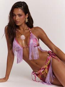 SHEIN BAE 波希米亞風性感女款流蘇設計掛脖比基尼上衣 - 粉色 - 查看 7