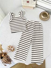 Elladie kids 2pcs Girls Striped Jacquard Knit Square Neck Fitted T-Shirt And Pants Set, Suitable For Casual, Vacation, Summer Wear. Girls 2pcs Set, Ribbed Set, Summer 2pcs Set, Kids 2pcs Set, Toddler 2pcs Set, Preppy Style 2pcs Set, Girls Set, Outdoor Clothing - Black - View 4