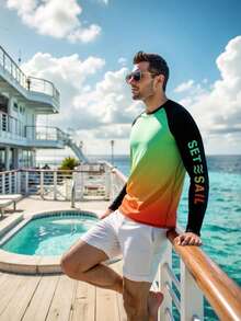 Surfspeed Men's Letter Print Raglan Long Sleeve Ombre Color Surfing T-Shirt,Swim Shirt,Orange And Yellow,Summer,Casual,Beach,Holiday,Vacation,Holiday,Hawaiian - Green - View 4