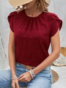 Rusticease Solid Color Petal Sleeve Back Keyhole Blouse,Short Sleeve Tops - Red - View 3