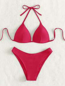 Swim Basics 女款夏季海灘純色掛脖綁帶性感時尚比基尼兩件式泳衣套裝，含鋼圈胸墊 - 玫紅色 - 查看 3