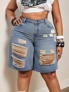 Slaydiva Plus Size Women Summer Cowgirl Style Blue Non-Stretch Distressed Straight Leg Pants - Light Wash - View 1