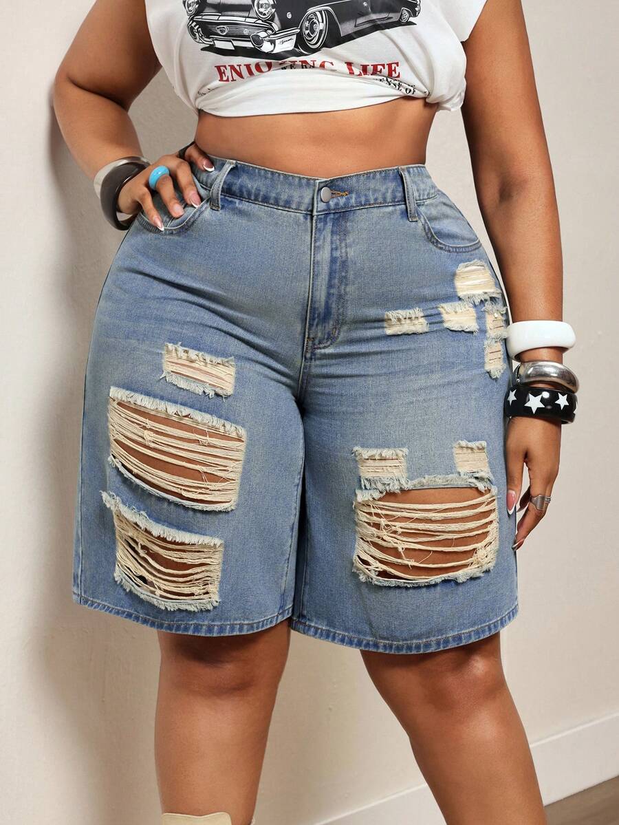 Slaydiva Plus Size Women Summer Cowgirl Style Blue Non-Stretch Distressed Straight Leg Pants - Light Wash - View 1