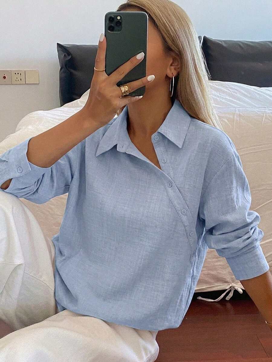 DAZY 女款不對稱門襟條紋寬鬆領襯衫 Y2K 風格 - 藍色 - 查看 1