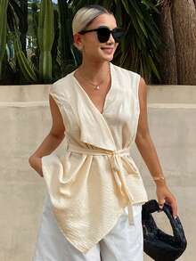 DAZY Women's Solid Color Asymmetric Hem Casual Elegant Vest Jacket Tea Party Everyday Date Beige Summer - Apricot - View 6