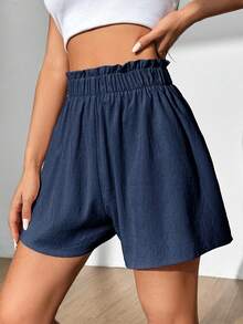 Flirla Women's Summer Casual Solid Color Ruffle Waist Elastic Waist Shorts - Navy Blue - View 3
