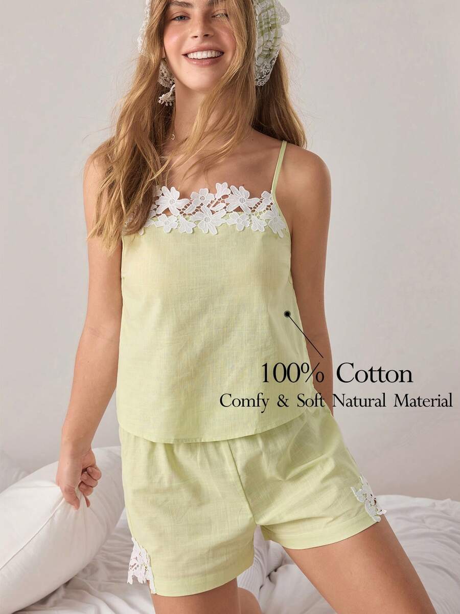 Ocili 100%纯棉提花刺绣柔软舒适吊带睡衣套装(女士款) - 綠色 - 查看 1