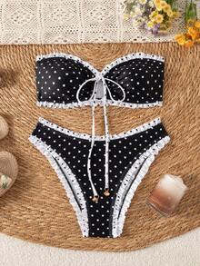 SHEIN Swim 女款夏季海灘度假泳衣 熱帶牙買加風三角比基尼 後綁帶套裝 可愛花卉紋理布料印花 2件組 黑白波點 - 黑與白 - 查看 5