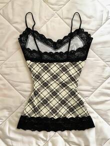INAWLY Áo hai dây camisole nữ mùa hè phong cách Y2K New Millennium, họa tiết kẻ caro phối ren patchwork, dáng ôm tôn dáng, dễ phối đồ - Màu be - Xem 2
