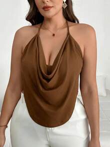 SHEIN PETITE CURVE Tank Top Halter Seksi Wanita Ukuran Plus Warna Polos dengan Kerah Model Cowl - Coklat - View 2