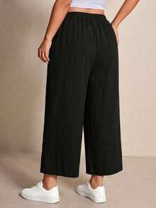 SHEIN Tall CURVE 大码休闲纯色宽松裤 - 黑色 - 查看 3