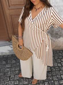 Lacomfia Plus Size Women's Beige Casual Boho 2-Piece Set, Long Loose Fit Top With Beads, Tassels And Drawstring, Paired With Wide Leg Pants, Vacation - Khaki - View 8