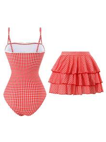 Swim Oasis 夏季海灘女款兩件套 1件式咖啡色格紋印花平口荷葉邊連身泳衣 + 網紗層次裙 優雅海濱泳裝套裝 - 紅色 - 查看 2