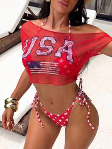 Swim Vcay Women's Sexy Halter Knotted Bikini Set + Printed Mesh One Shoulder Top, Fashion National Flag Double-Sided Print, Spring/Summer - Red - View 3