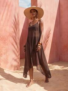 Zivah Women's Brown Long Strap Beach Cover-Up Dress, Featuring Bottom Collar And Asymmetrical Hem, Suitable For Various Occasions Including Music Festivals, St. Patrick's Day, Valentine's Day, Dates, Western Theme, And Nomad Style - Brown - View 5