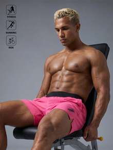 Acti Log Men's Contrast Color Waistband Side Slit Sports Shorts, Gym - Hot Pink - View 3