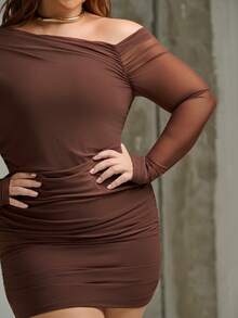 Lele Munniz Plus Size Women Sexy Asymmetrical Shoulder Long Sleeve Mesh Ruched Bodycon Dress Elegant - Coffee Brown - View 6
