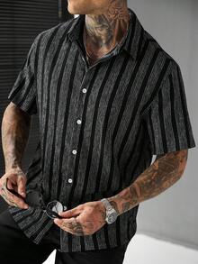 SLATEMANN 男士針織直條紋紋理休閒度假短袖襯衫 - 黑色 - 查看 6