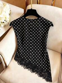 SHEIN Franclia Women's Summer Polka Dot Print Lace Trim Asymmetrical Hem Shirt - Black and White - View 2