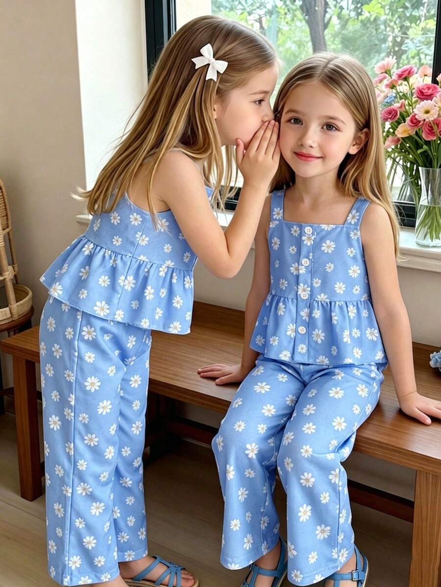 SHEIN Genkimix Kids 少女夏季休閒兩件套，可愛雛菊印花荷葉邊吊帶上衣 & 寬腿長褲，適合姐妹聚會、度假、旅行及日常穿著，甜美波希米亞田園風套裝