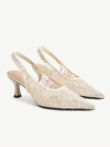 CUCCOO HITCHD صنادل كعب عالي بتصميم Slingback بمقدمة مدببة مطرزة بالزهور باللون الأبيض العاجي، كعب قطة فرنسي، كعب عالي منخفض الحافة قابل للتنفس مناسب للتنقل والمواعدة - لون مشمشي - مشاهدة 2