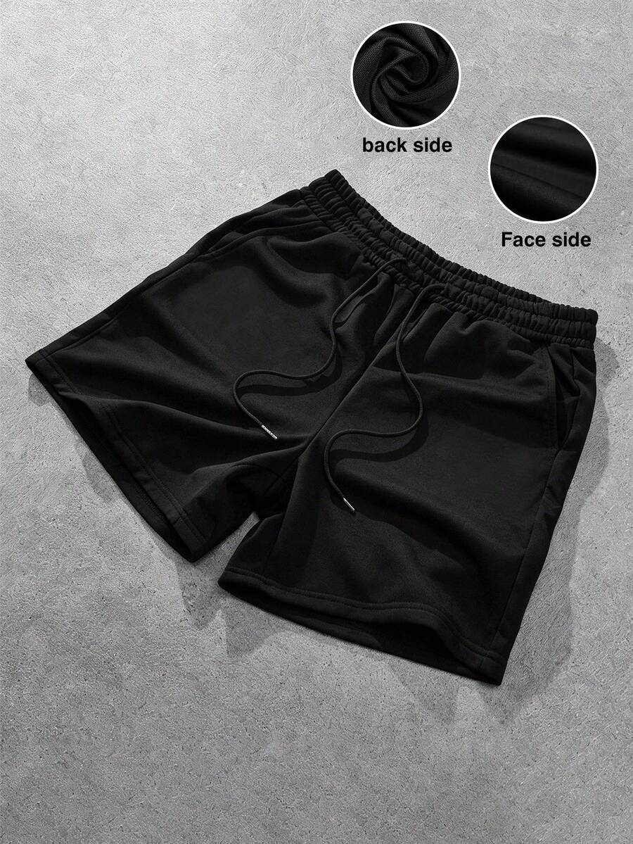 Manfinity Hypemode Men Drawstring Waist Solid Track Shorts Sweat Plain Black Basic - Black - View 1