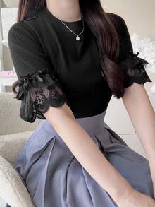 FRIFUL 女款春夏短袖素色拼接透視蕾絲面料螺紋時尚顯瘦百搭T恤 - 黑色 - 查看 7