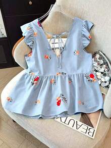 SHEIN LUNE CURVE Women's Plus Size Hooded Print Chiffon Blouse, Casual Open Front Vacation Style, Versatile Choice For Spring, Autumn And Summer - Dusty Blue - View 2