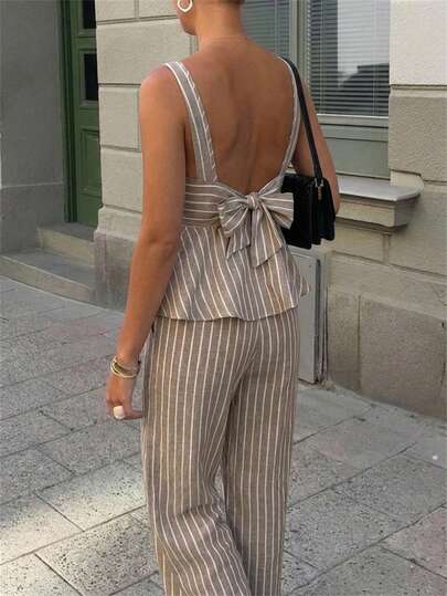 Aloruh Women's Elegant Butterfly Tie Back Top And Loose Fit Long Casual Two Pieces Set