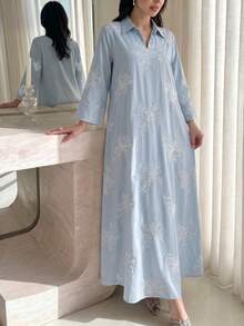 Al Najma 翻領鏤空刺繡休閒洋裝 - 藍色 - 查看 5