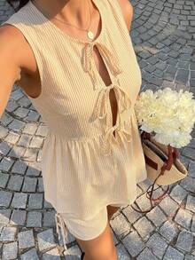 SHEIN 2 piezas Conjunto casual de blusa de manga corta con pliegues y cintura ajustable, y shorts con cintura ajustable para maternidad - Amarillo - Ver 1