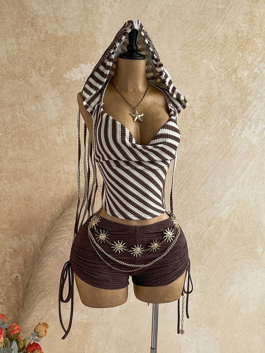 Soleia Top com Capuz, Barra com Babado, Design de Borla e Listras para Mulheres - Castanho - Visão 1