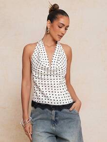 Lumalex Polka Dot Colorblock Patchwork Elegant Exquisite Lace Patchwork Satin Halter Neck Backless Waist-Cinching Fitted Women's Top - Black and White - View 7