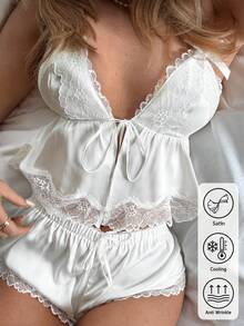 CovetEZ Conjunto de pijama de 2 piezas con camisola de encaje blanco dulce y lazo, pijama de descanso minimalista y femenino adecuado para verano, hogar, vacaciones, moda Y2K, elegante - Blanco - Ver 3