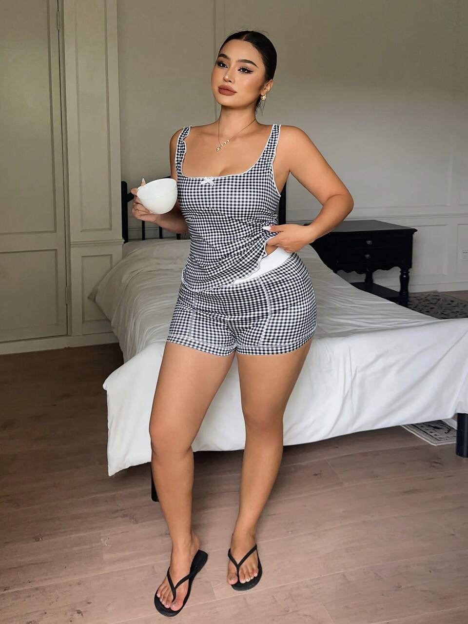 Dazy Plus Fashion Plaid Fitted Camisole Top & Mini Shorts Loungewear Plus Size Women's Spring/Summer Sexy Pajama Set