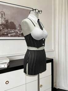 Fantasy Costume Fantasy Costume 女款內衣套裝系列 秘書角色扮演 綁帶設計 無鋼圈 3件組 - 黑與白 - 查看 10