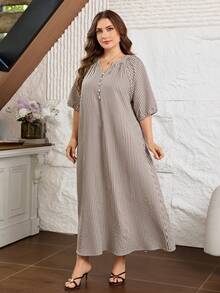 Lacomfia Vestido de tela a rayas de talla grande con ajuste holgado y detalle de encaje patchwork, estilo casual elegante, adecuado para uso diario y reuniones en primavera/verano - Caqui - Ver 6