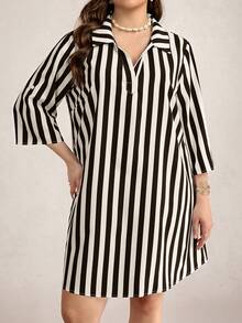SHEIN LUNE Vestido a rayas casual para ir al trabajo de talla grande - Negro - Ver 3