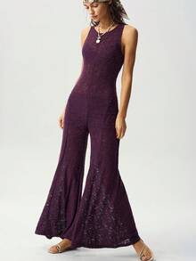 Bohemela Summer Casual Vacation Versatile Purple Lace Print Knitted Women's Slim Jumpsuit - Purple - View 5