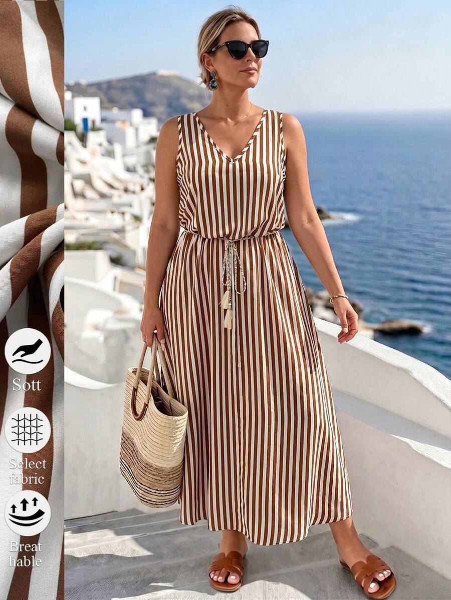 SHEIN LUNE CURVE Women's Commuter Casual European & American Vintage Style Leopard Print Plus Size Sleeveless V-Neck Waist-Defining Slimming Tie-Up Design Long Dress With Full Flare Summer Casual Dress - Multicolor - View 1