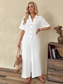 EMERY ROSE Áo sơ mi jumpsuit nữ màu trơn tay ngắn, vạt cài nút nửa thân, phong cách casual cho đi du lịch - trắng - Xem 5