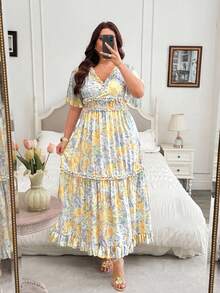 Modelyn Women's Spring/Summer Ditsy Floral Ruffle Hem Deep V-Neck Sexy Plus Size Dress - Multicolor - View 6