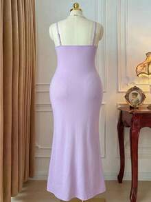 DreamSkyne Elegantes gestricktes Bodycon-Kleid in Taro-Lila Große Größen für Damen mit Rüschen vorne und hinten sowie plissierter, taillierter Taille - Lila - Übersicht 6