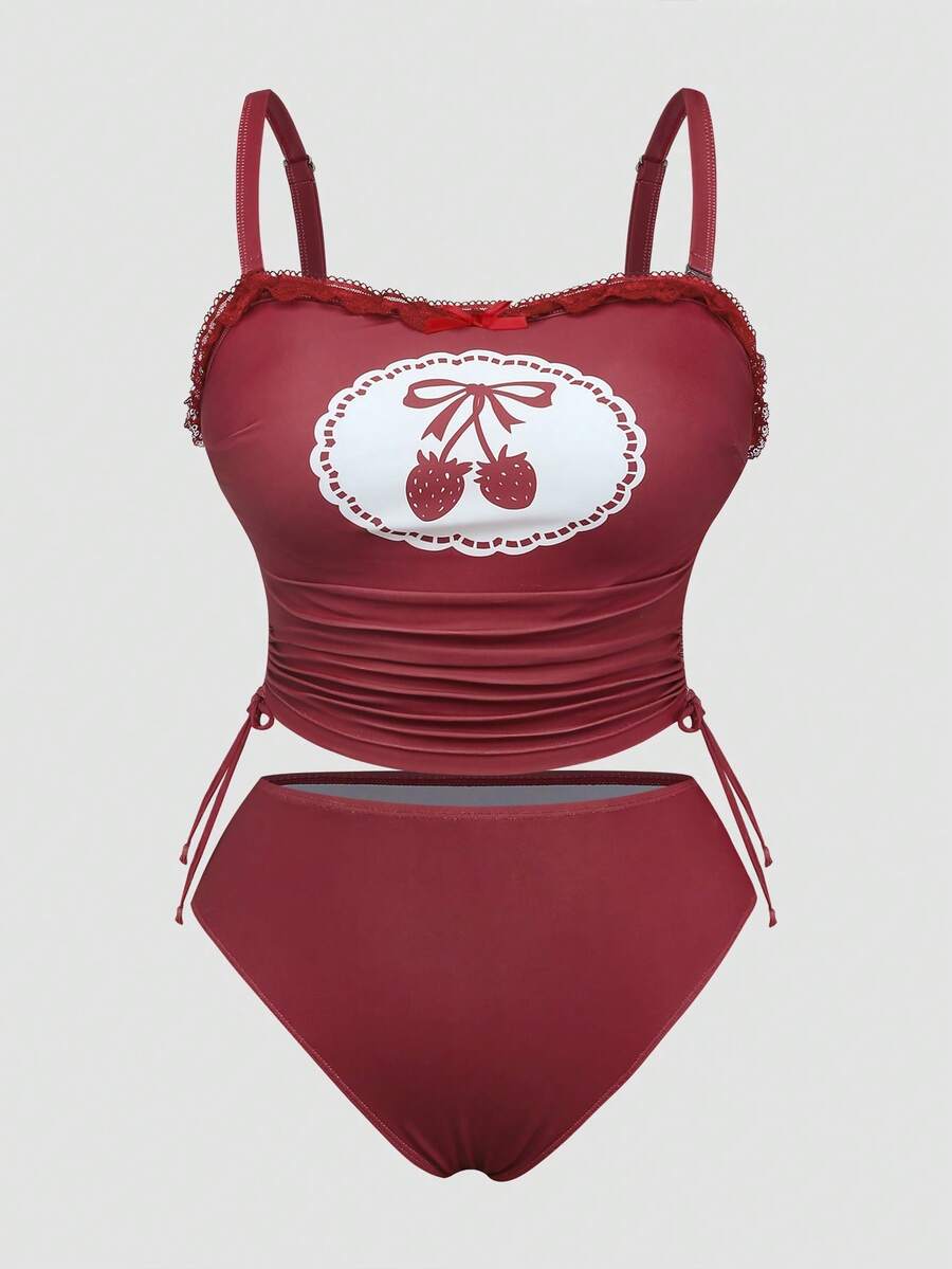 Sweetra Plus Size Women's Summer Beach Cherry Print Tankini Set - Red - View 1