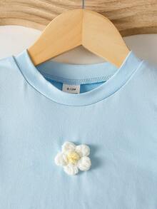 SHEIN Playful Pals 女嬰夏季藍色套裝 紋理無袖上衣 藍色格紋短褲 飾藍色蝴蝶結 日常外出必備 - 藍色 - 查看 3