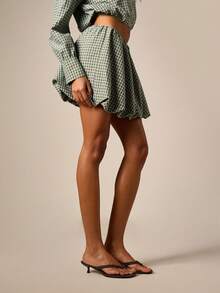 AiiRZ Plaid Bubble Hem Mini Skirt With Elastic Waist Flowy Gathered Short Skirt For Spring Summer Everyday Sage Green Casual - Multicolor - View 5